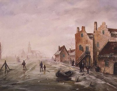Winterlandschaft mit Schlittschuhläufern im Vordergrund von Dutch School