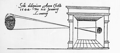 Erste veröffentlichte Illustration einer Camera Obscura, die eine Sonnenfinsternis im Januar 1544 beobachtet von Dutch School