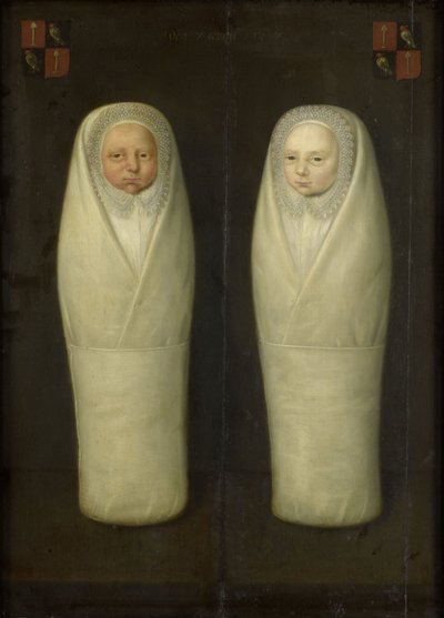 Porträt der eingewickelten Zwillinge: Die früh verstorbenen Kinder von Jacob de Graeff und Aeltge Boelens, ca. 1617 von Dutch School