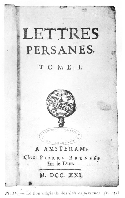 Titelseite von Les Lettres Persanes von Charles de Montesquieu (1689-1755) 1721 von Dutch School
