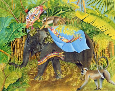 Elefant mit Affen und Sonnenschirm, 2005 von E.B. Watts
