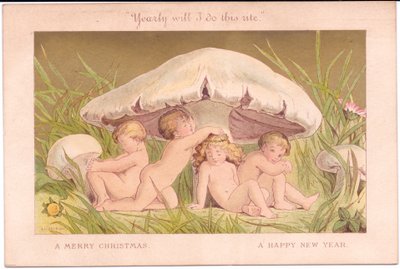 Eine viktorianische Weihnachts- und Neujahrskarte einer Gruppe von Feenkindern, die sich unter einem Pilz entspannen, alles vor einem goldenen Hintergrund, von Gertrude Thompson, ca. 1895 von E. Gertrude Thompson