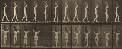 Tafel Nummer 34. Gehen und Tragen eines 15-lb.-Korbes auf dem Kopf, Hände erhoben von Eadweard Muybridge