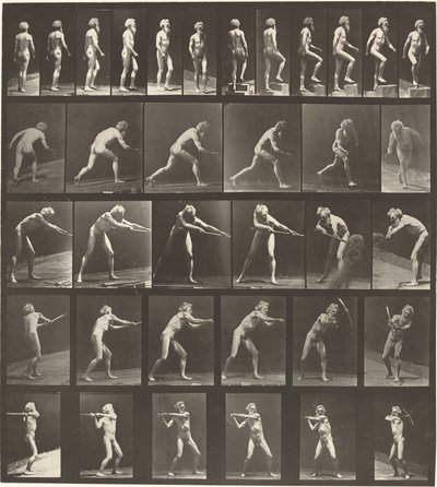 Tafel Nummer 521. A: Gehen. B: Stufe hinaufsteigen. C. Diskus werfen. D: Schaufel benutzen. E, F. Pickel benutzen von Eadweard Muybridge