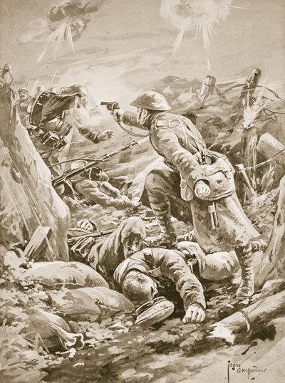 Private (Acting-Corporal) L. Clarke, der im Alleingang eine Gruppe Deutscher während eines Gegenangriffs in Schach hält von Edgar Alfred Holloway