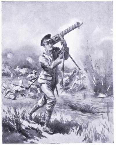 Private Lynn trägt ein Maschinengewehr zur Reparatur unter schwerem Beschuss in der Schlacht von Aisne. Ausgezeichnet mit DCM 1915 von Edgar Alfred Holloway