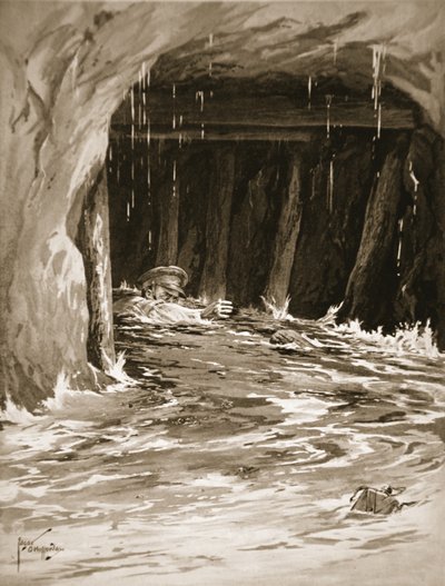 Unteroffizier Collier kämpft sich aus einer fast wassergefüllten Minengalerie, nachdem er seine Arbeit beendet hat von Edgar Alfred Holloway
