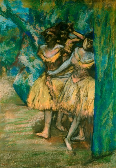 Drei Tänzerinnen vor einem Hintergrund aus Bäumen und Felsen, 1904-06 von Edgar Degas