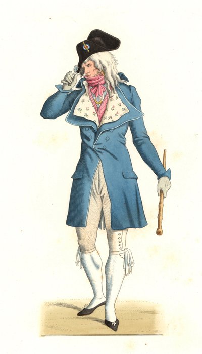 Junger Franzose in der Mode der Incrediables des 18. Jahrhunderts, nach einem Gemälde von Carle Vernet (1758-1836) - Lithografie aus einer Illustration von Edmond Lechevallier-Chevignard (1825-1902), aus 