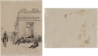 Rastende Soldaten (recto) Skizze eines Mannes mit erhobenem Arm und Skizze eines Helms (verso) von Edouard Detaille