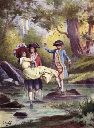 Ich nahm Edmee in meine Arme und watete leise durch den Bach. Illustration für Mauprat von George Sand von Edouard Henri Avril