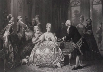 Christoph Willibald Gluck überreicht Königin Marie Antoinette die Partitur der Oper im Trianon von Edouard Jean Conrad Hamman