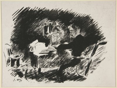 Unter der Lampe, erste Illustration zu Mallarmés Übersetzung von Poes „Der Rabe“ von Édouard Manet