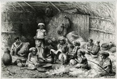 Ein Nachmittag bei der Favoritin des Scheichs der Gobrons, Frauenaktivitäten: Stickerei und Wollspinnen, Korbflechten und Töpfern. Gravur von Riou, zur Illustration der Geschichte „Reise bei den Benadir, den Somalis und den Bayoun“ von Georges Rev von Edouard Riou
