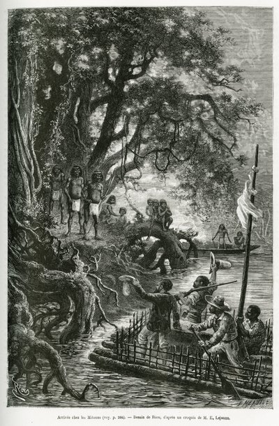 Ankunft des Floßes von Dr. Crevaux und E. Lejeanne an den Ufern des Dorfes Mitouas. Gravur von Riou, zur Illustration der Entdeckungsreise durch Neugranada und Venezuela, von Dr. Crevaux, Arzt erster Klasse der Marine und E. Lejeanne von Edouard Riou