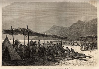 Verteilung von Lebensmitteln in Keauhou, nach dem Erdbeben und Vulkanausbruch von 1868, für die Opfer der Katastrophe, graviert nach der Zeichnung von E. Riou, zur Illustration der Reise zu den Sandwich-Inseln, 1855-1869, von C. de Varigny, veröffentlicht  von Edouard Riou