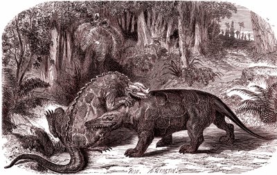 Der Iguanodon und der Megalosaurus (Gravur) von Edouard Riou