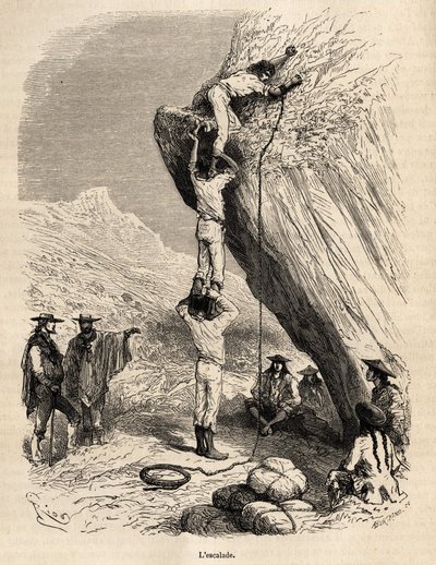 Der Aufstieg der Gipfel der Anden durch die Marcoy-Expedition erfordert die akrobatischsten Mittel: hier, um einen felsigen Gipfel zu erklimmen, klettern die Indianer auf die Schultern der anderen, um den Gipfel zu erreichen, Gravur von E. Riou zur Illustr von Edouard Riou