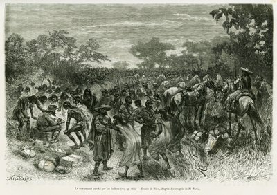 Das Lager von den Indianern überfallen. Gravur von Riou, zur Illustration der Geschichte „Voyage dans le Chaco Boreal“. von Edouard Riou