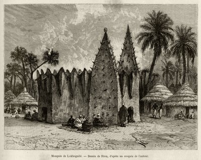 Die Moschee von Lokhognile (Golf von Guinea). Gravur von Riou zur Illustration der Geschichte „Vom Niger zum Golf von Guinea“ von Kapitän Louis Gustave Binger (1856-1936), 1887-1889, in Le tour du monde, nouveau journal des voyages, unter der Leitung von von Edouard Riou