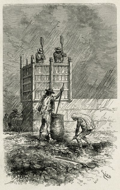 Der Tapial, eine alte Technik des Baus von Lehmwänden mit einer Holzschalung, verdichtet durch Stampfen und getrocknet durch die Sonne, Gravur von Riou, zur Illustration der Geschichte L