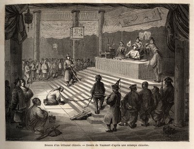 Ein chinesisches Gericht, der Angeklagte erscheint vor Gericht, umgeben von einem Gendarmen, der ihn in Ketten hält, und seinem Metzger. Zeichnung von Vaumort zur Illustration der Reise von Shanghai nach Moskau 1859-1862 von M. de Bourboulon, französischer von Edouard Vaumort