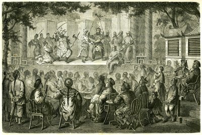 Ansicht einer Aufführung der Peking-Oper (Beijing), China, nach der Reiseerzählung von Madame de Bourboulon. Gravur nach einer Zeichnung von Vaumort, in „Le Tour du Monde, Nouveau journal des Voyages“, herausgegeben von Edouard Charton, Paris von Edouard Vaumort
