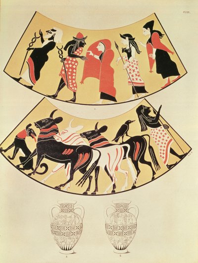 Entwürfe von einer etruskischen Vase, die eine Prozession von Priestern und das Abstecken der Grenzen einer neuen Stadt mit einem von Ochsen gezogenen Pflug darstellt von Eduard Gerhardt