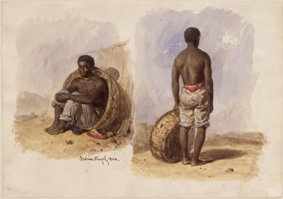 Zwei Studien eines Afrobrasilianers; links in einem an die Wand gelehnten Korb sitzend, rechts stehend in Rückenansicht von Eduard Hildebrandt