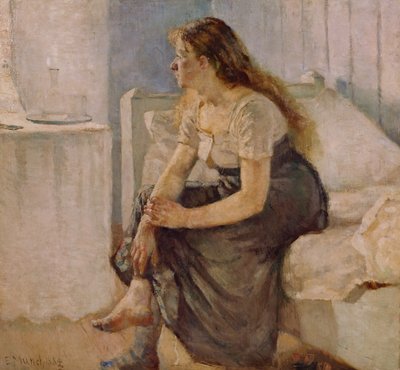 Mädchen sitzt am Bett von Edvard Munch