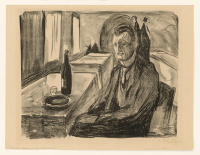 Selbstbildnis mit Weinflasche von Edvard Munch