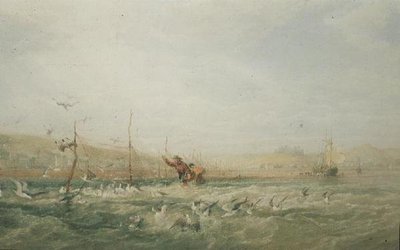 Fischer jagen Möwen von den Netzen, Mumbles, Südwales von Edward Duncan