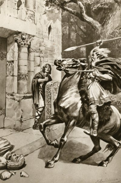 Hohepriester Coifi reitet die Goodmanham Lane hinauf, um die Idole zu zerstören, Illustration aus 