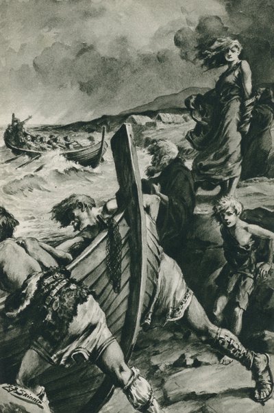 Die Wikinger, die aus den Fjorden Norwegens segelten und Amerika lange vor Kolumbus fanden (Lithografie) von Edward Frederick Skinner