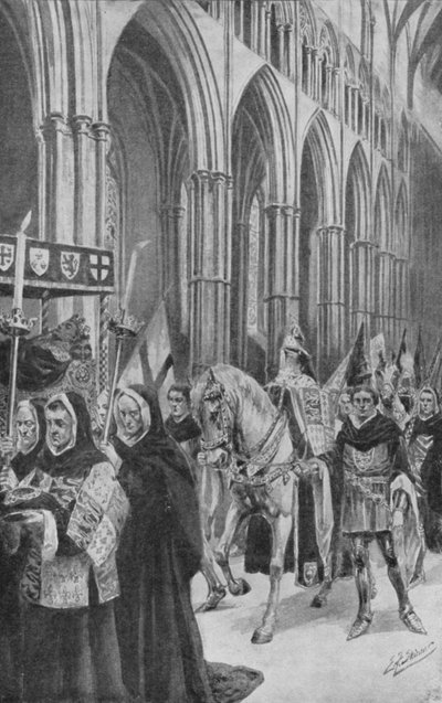 Die Pferde von König Heinrich V. folgen seinem Sarg durch das Kirchenschiff von Edward Frederick Skinner
