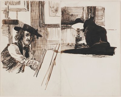 Whistler zeichnet Poynter, Rückansicht eines Mannes, der an einem Tisch in der Nähe einer beleuchteten Lampe sitzt, 1860 von Edward John Poynter