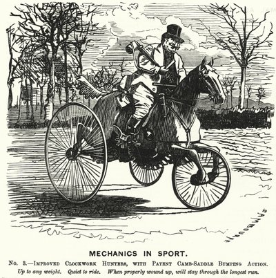 Punch-Karikatur: Mechanik im Sport. Nr. 3. - Verbesserte Uhrwerk-Jäger mit patentierter Camb-Sattel-Bumping-Action (Gravur) von Edward Linley (after) Sambourne
