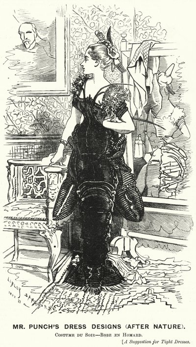 Punch-Karikatur: Mr. Punchs Kleiderentwürfe (Nach der Natur) - Hummerkleid (Stich) von Edward Linley (after) Sambourne