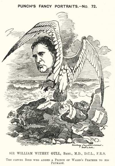 Sir William Withey Gull, englischer Arzt, der den Prinzen von Wales wegen Typhus behandelte und Leibarzt von Königin Victoria wurde (Karikatur) von Edward Linley (after) Sambourne