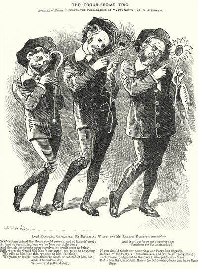 Das lästige Trio: Lord Randolph Churchill, Henry Drummond Wolff und Ellis Ashmead-Bartlett, britische konservative Politiker (Karikatur) von Edward Linley (after) Sambourne