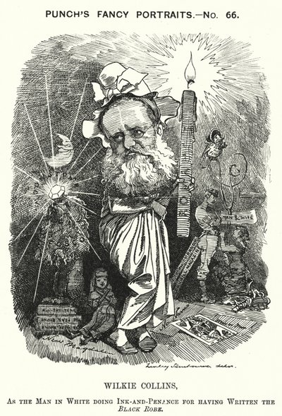 Punch-Karikatur: Wilkie Collins, englischer Romanautor, Dramatiker und Kurzgeschichtenschreiber (Gravur) von Edward Linley (after) Sambourne