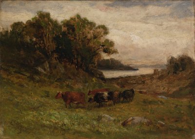 Ohne Titel (fünf Kühe weiden mit Bäumen und Fluss im Hintergrund) von Edward Mitchell Bannister