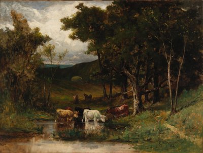 Ohne Titel (Landschaft mit Kühen im Bach nahe Bäumen) von Edward Mitchell Bannister