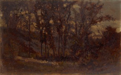 Unbetitelte Waldszene, gefallener Baum im Vordergrund und Haus im Hintergrund von Edward Mitchell Bannister