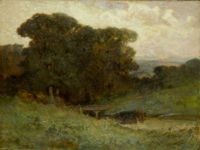 Unbetitelte Waldszene mit Brücke, Kühe im Vordergrund im Bach, 1897 von Edward Mitchell Bannister