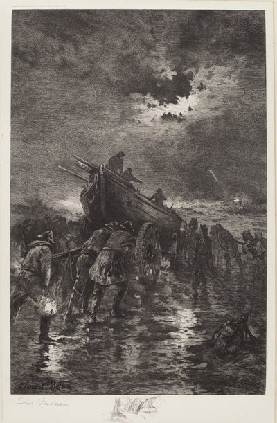 Ohne Titel (Ein Dory zu Wasser lassen / Zur Rettung / Schiffswrack) von Edward Moran