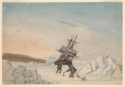 Ein Schiff im Eis stecken geblieben mit zwei Besatzungsmitgliedern, die das Schiff mit vier Befestigungen im Eis verankern von Edward Newell Harrison