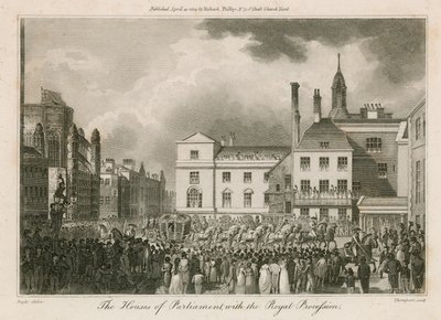 Die Houses of Parliament mit der königlichen Prozession von Edward Pugh