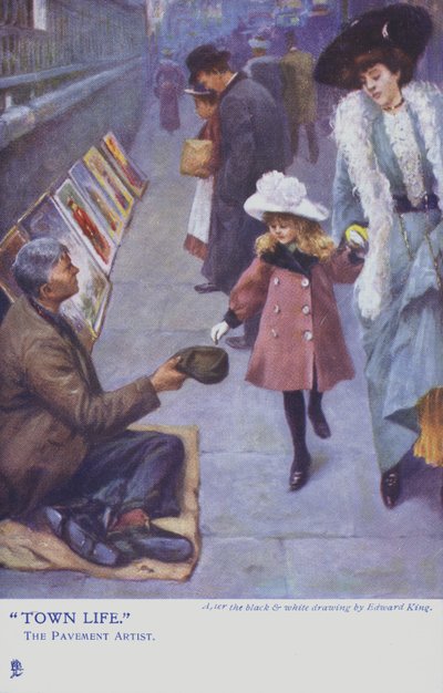 Ein junges Mädchen und ihre Mutter geben einem Straßenkünstler Geld von Edward R. King