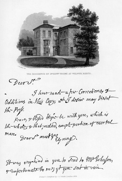 Ein Brief von Edward Young und ein Blick auf seine Residenz in Welwyn, Hertfordshire, 1740er Jahre, 1840 von Edward Young